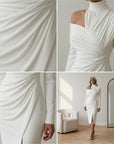 Asymmetrische Gedrapeerde Avondjurk met Hoge Hals en Eén Schouder — details