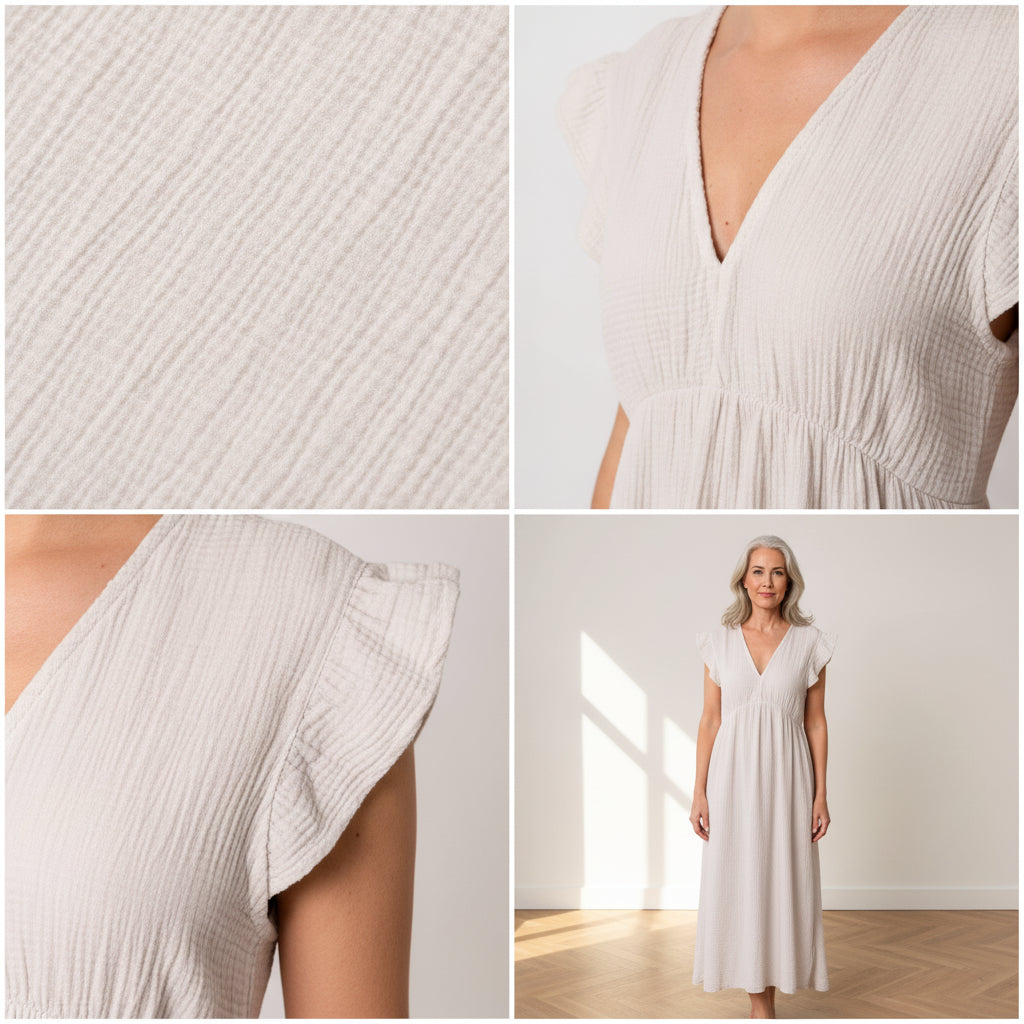 Leonora Mousseline Jurk - Beige — details