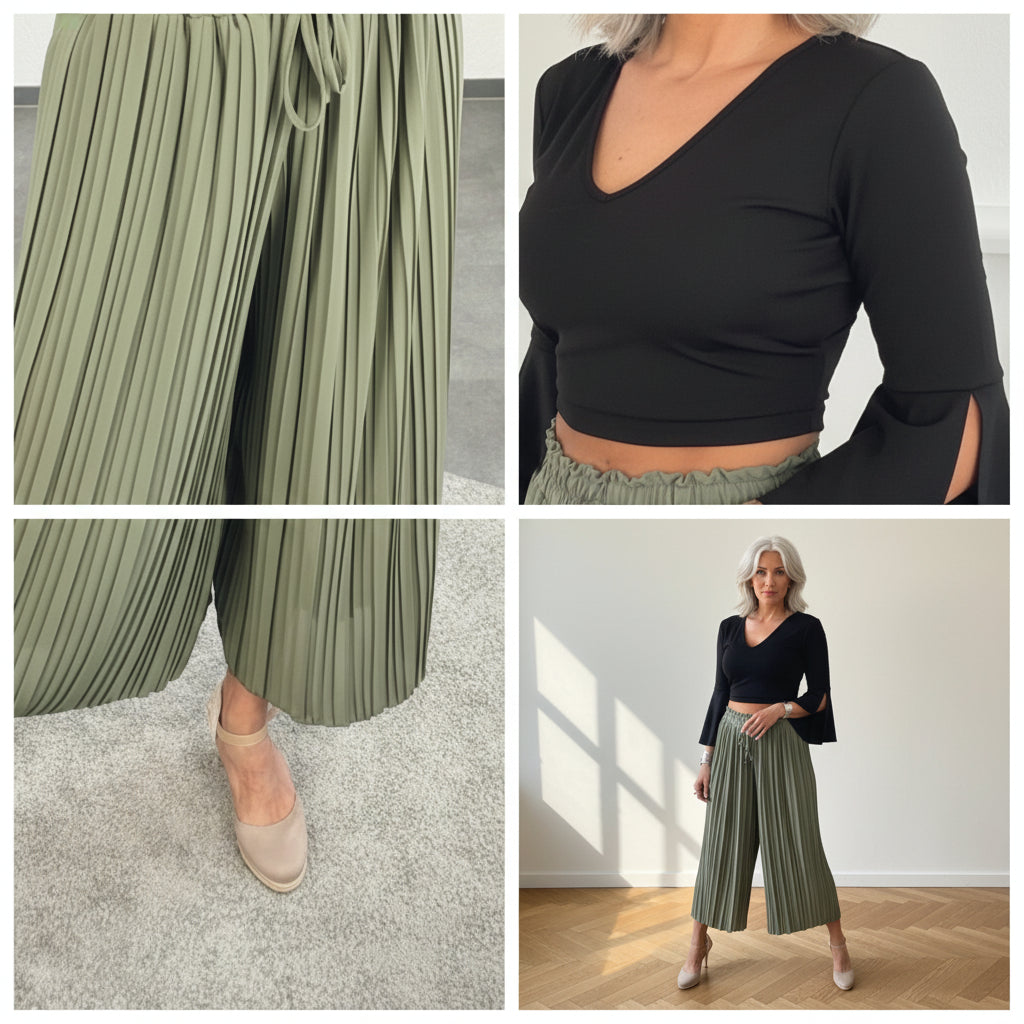 Geplisseerde Broek met Binnenbroek / Khaki — details