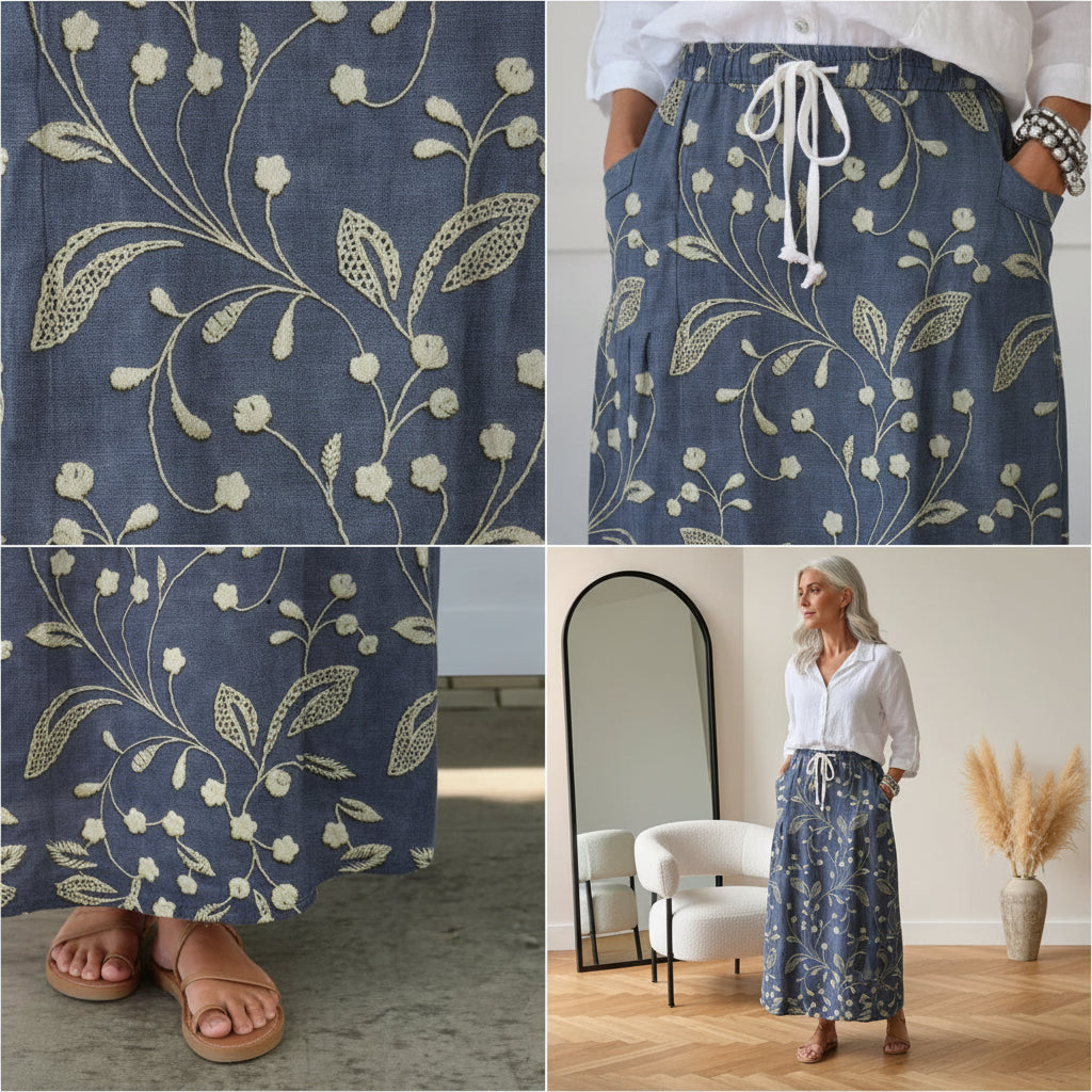 Retro Bloemenprint Rok met Elastische Tailleband en Zakken — details