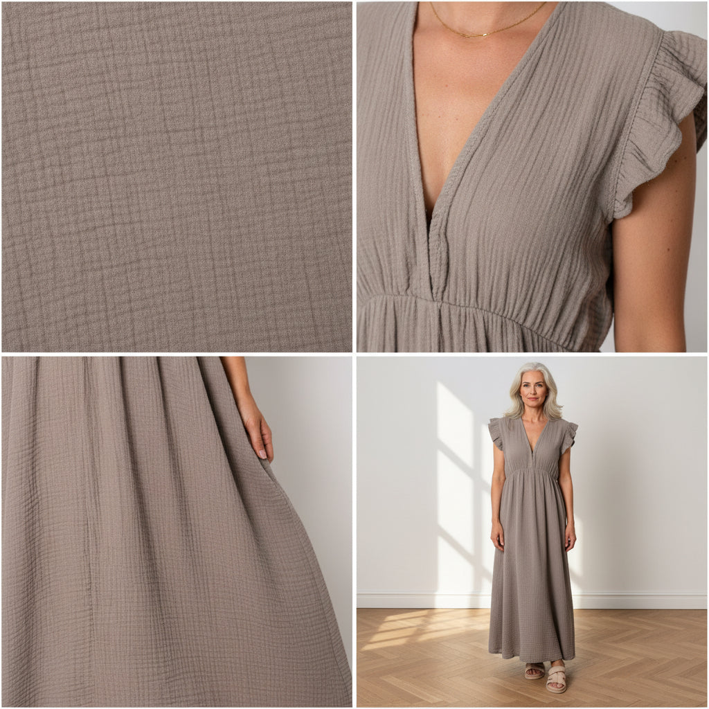 Leonora Mousseline Jurk - Taupe — details