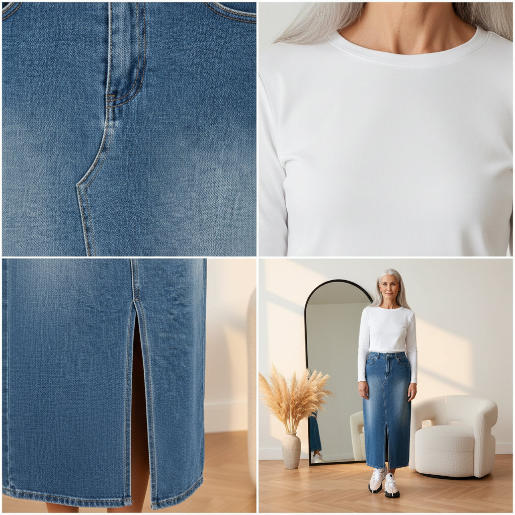 Emerald Denim Maxi Rok - 80 Wash Blauw — details