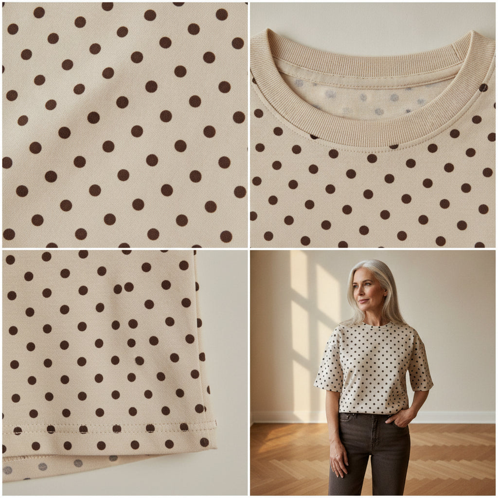 Zacht Viscose T-Shirt met Stippenprint - Beige/Bruin — details