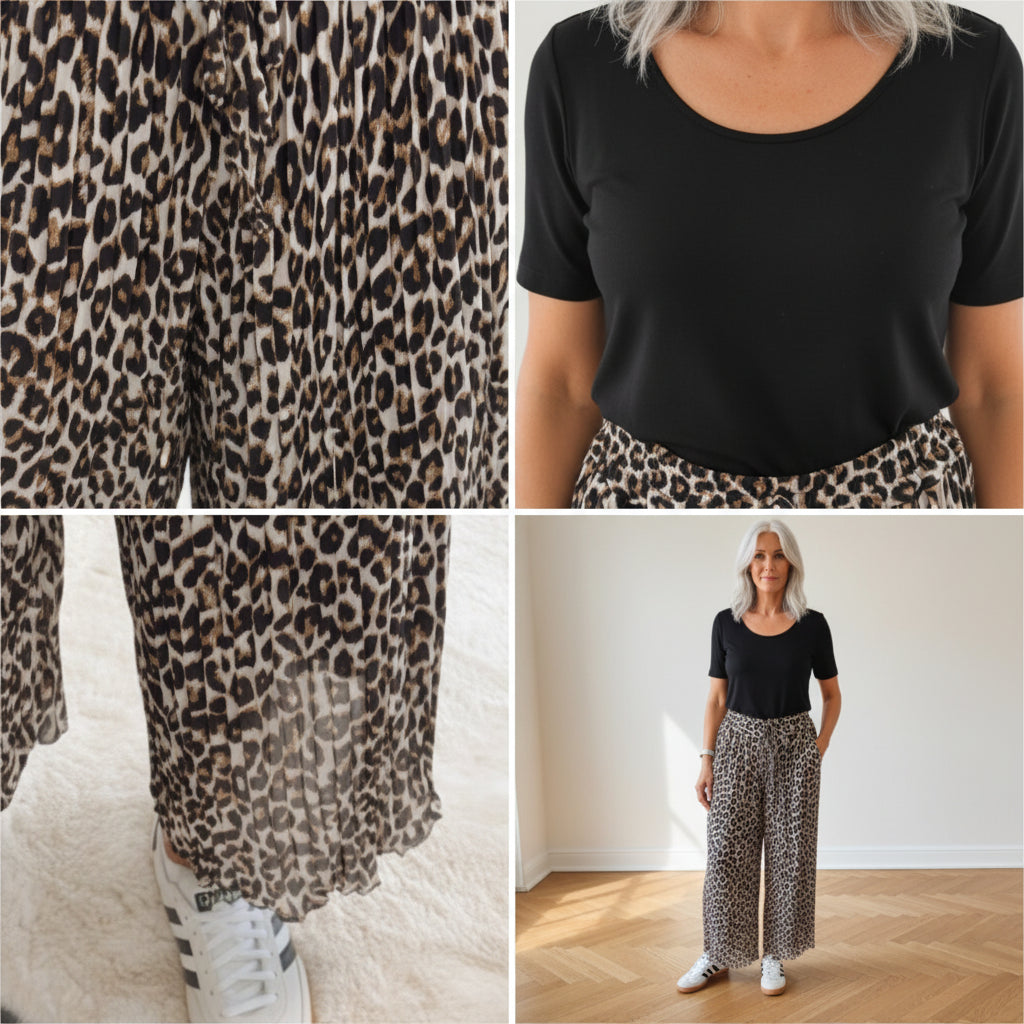 Geplisseerde Broek met Leopard Print - Zwart Beige Bruin — details