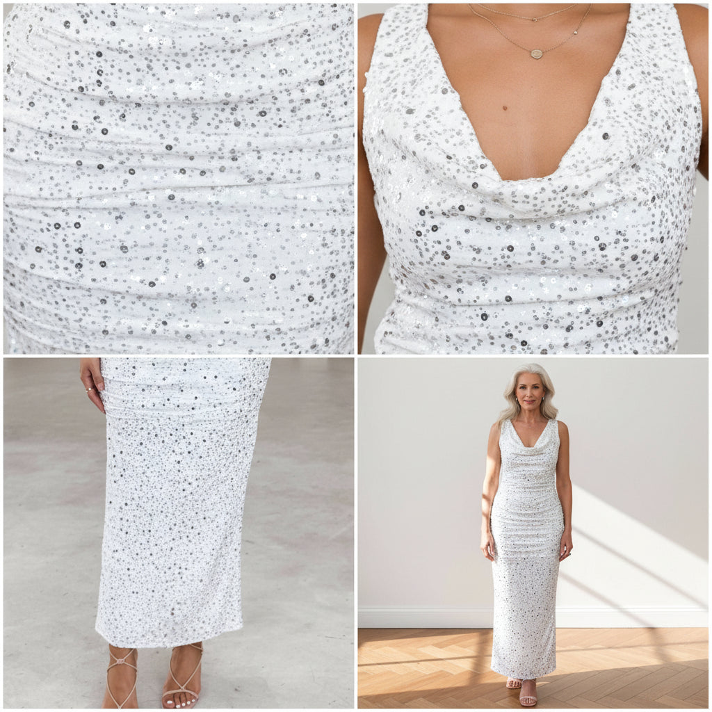Elegante Maxi Jurk met Zilveren Pailletten - Wit Zilver — details