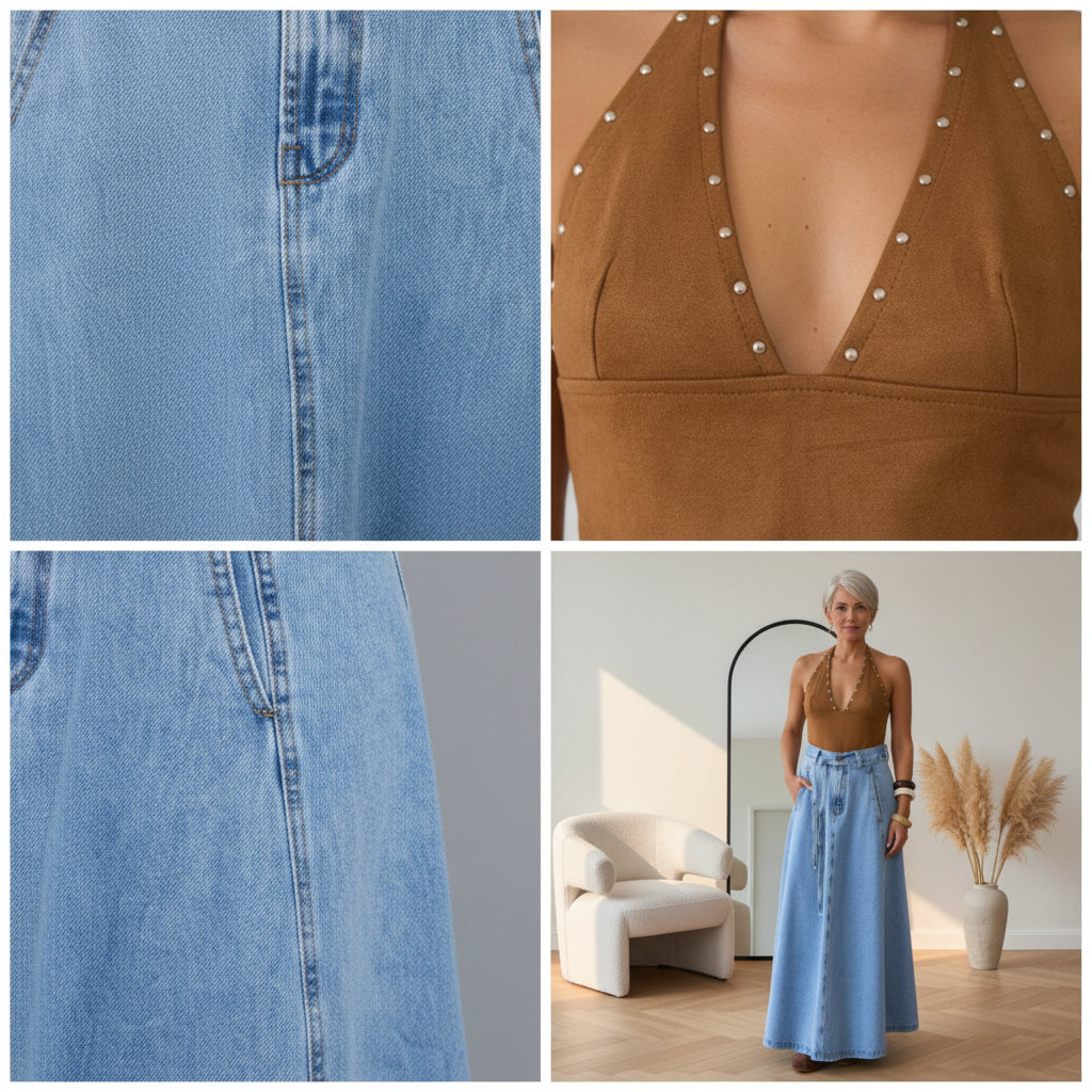 Hoge Taille Denim Rok met Riem — details