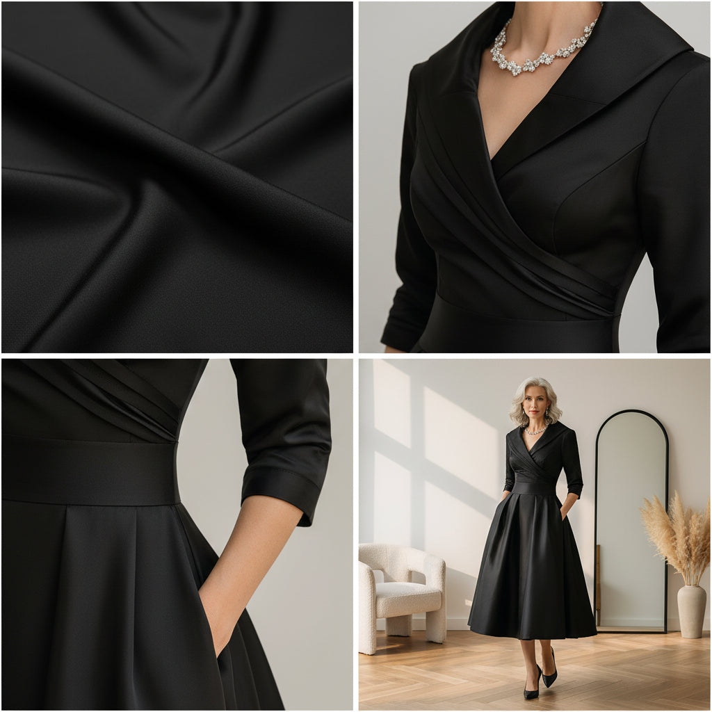 Vintage Satijnen Midi Jurk met Gedrapeerde Kraag — details