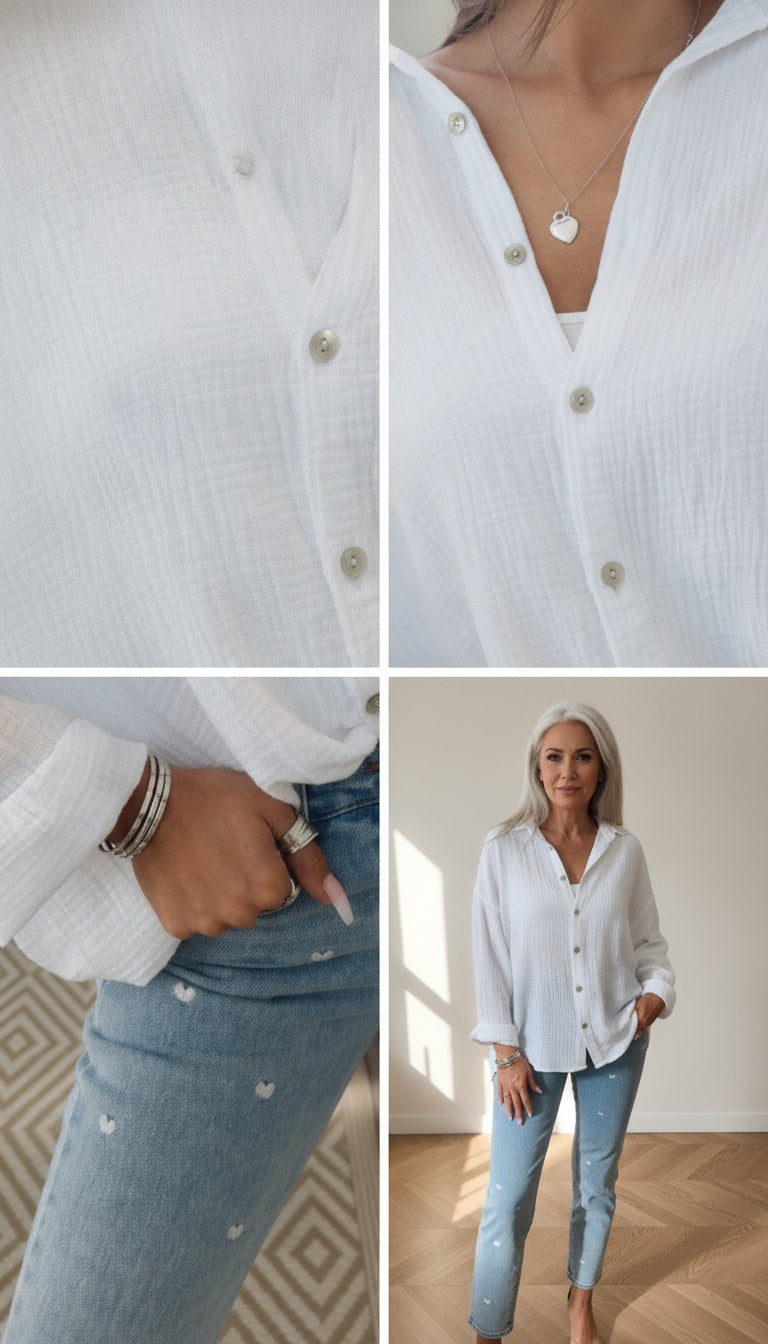 Korte Oversized Mousseline Blouse Wit - Luchtig &amp; Veelzijdig — details