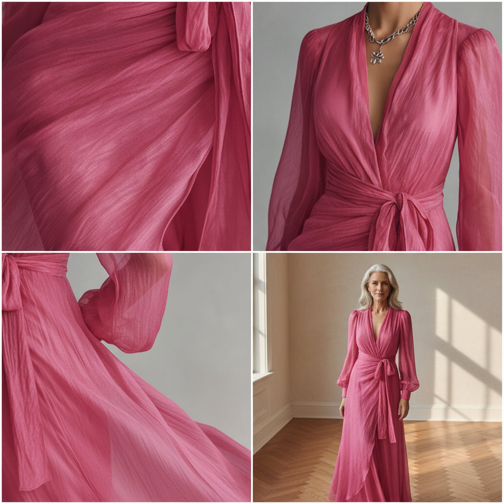 Roze Chiffon Jurk met V-Hals en Parelbezetting — details