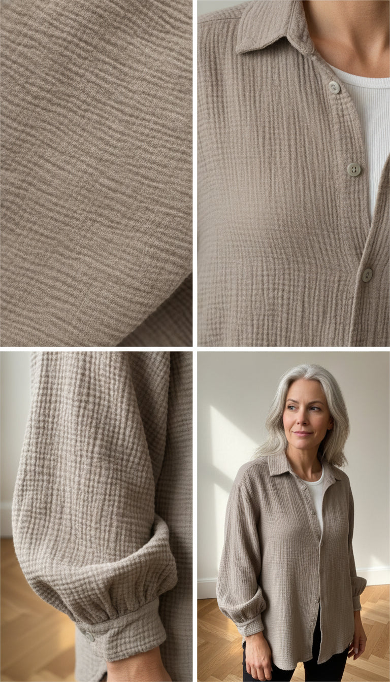 Korte Oversized Mousseline Blouse - Modderkleur — details