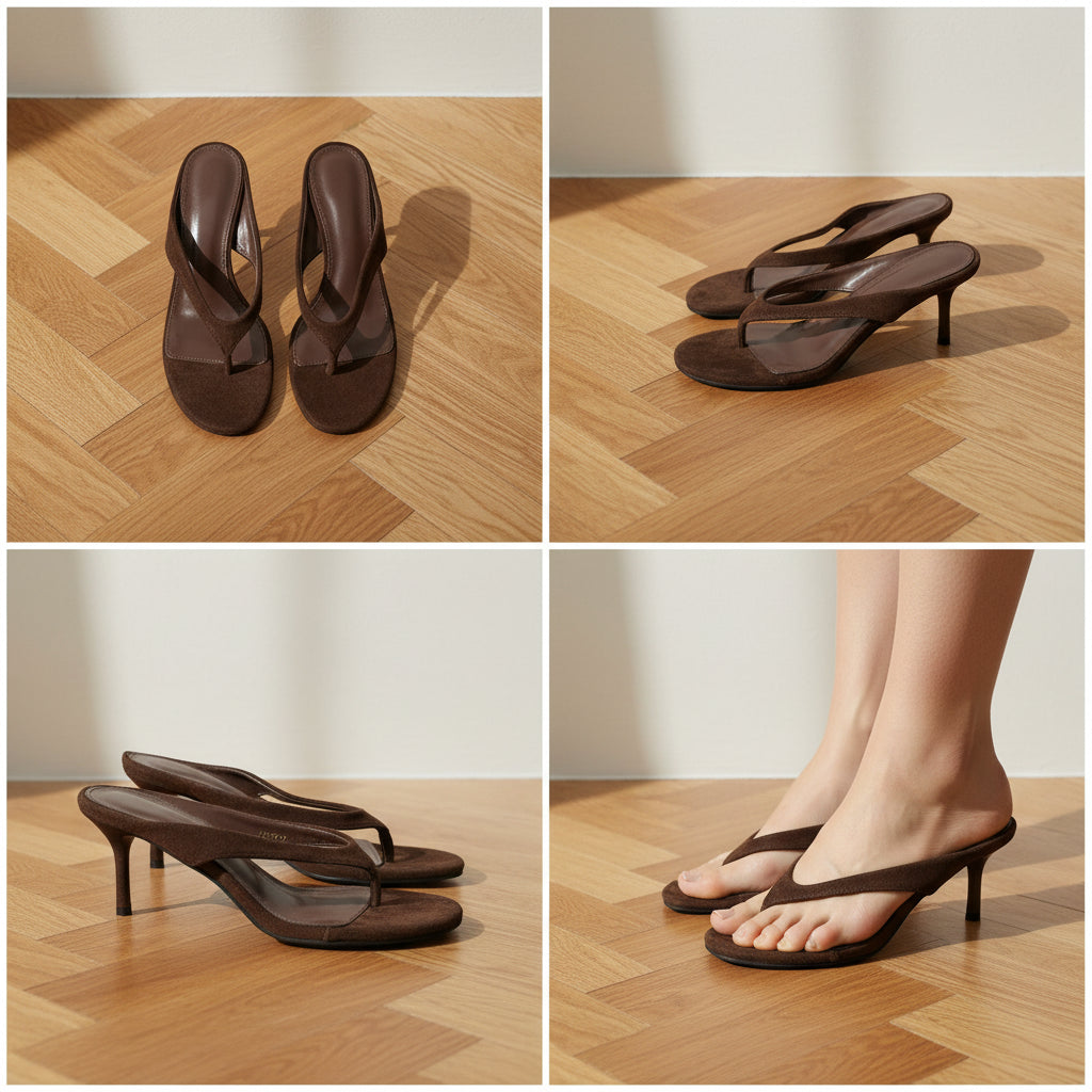 Elegante Flip Flop Sandaal met Hak - Bruin — details