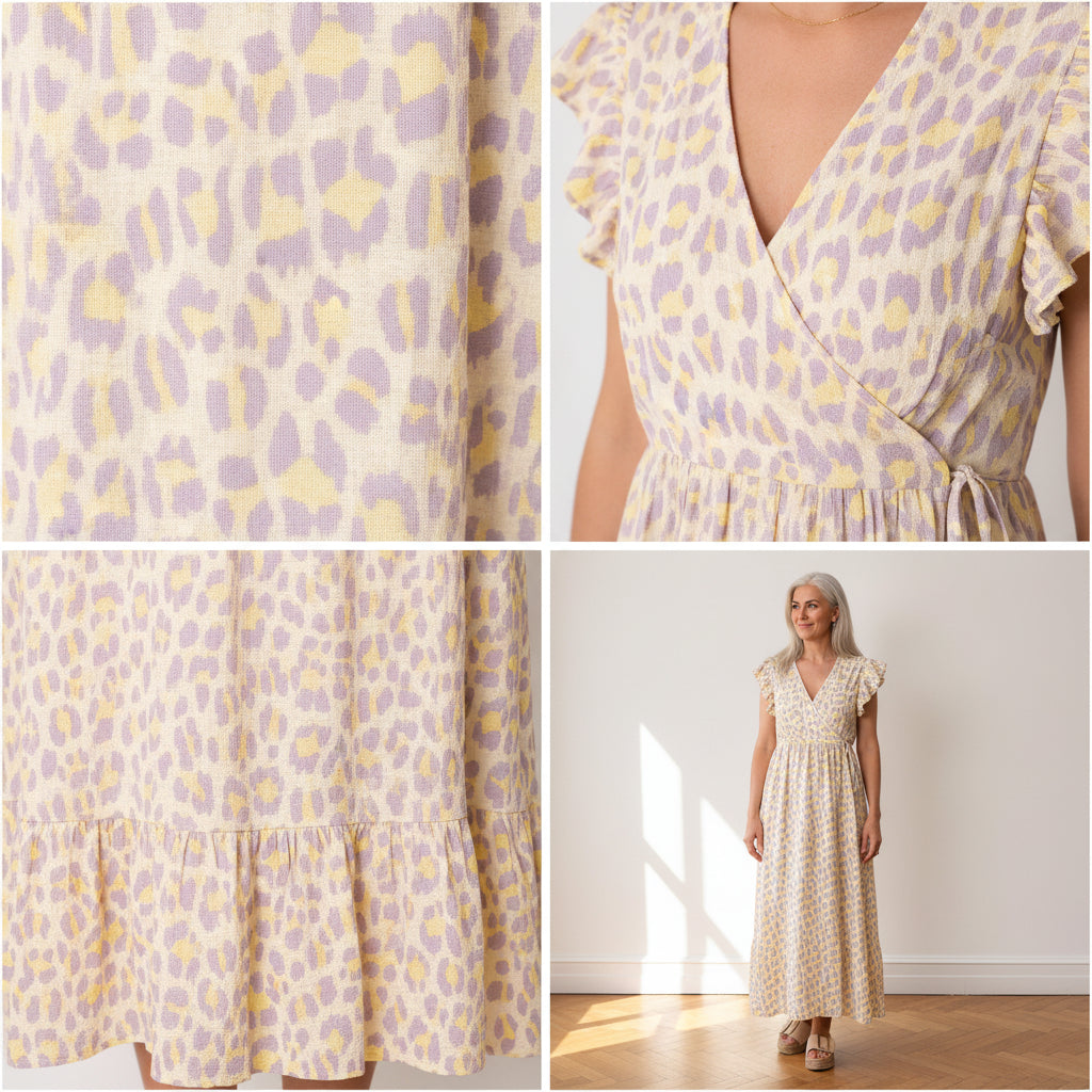 Leonora Mousseline Jurk - Leo/Lila/Geel — details