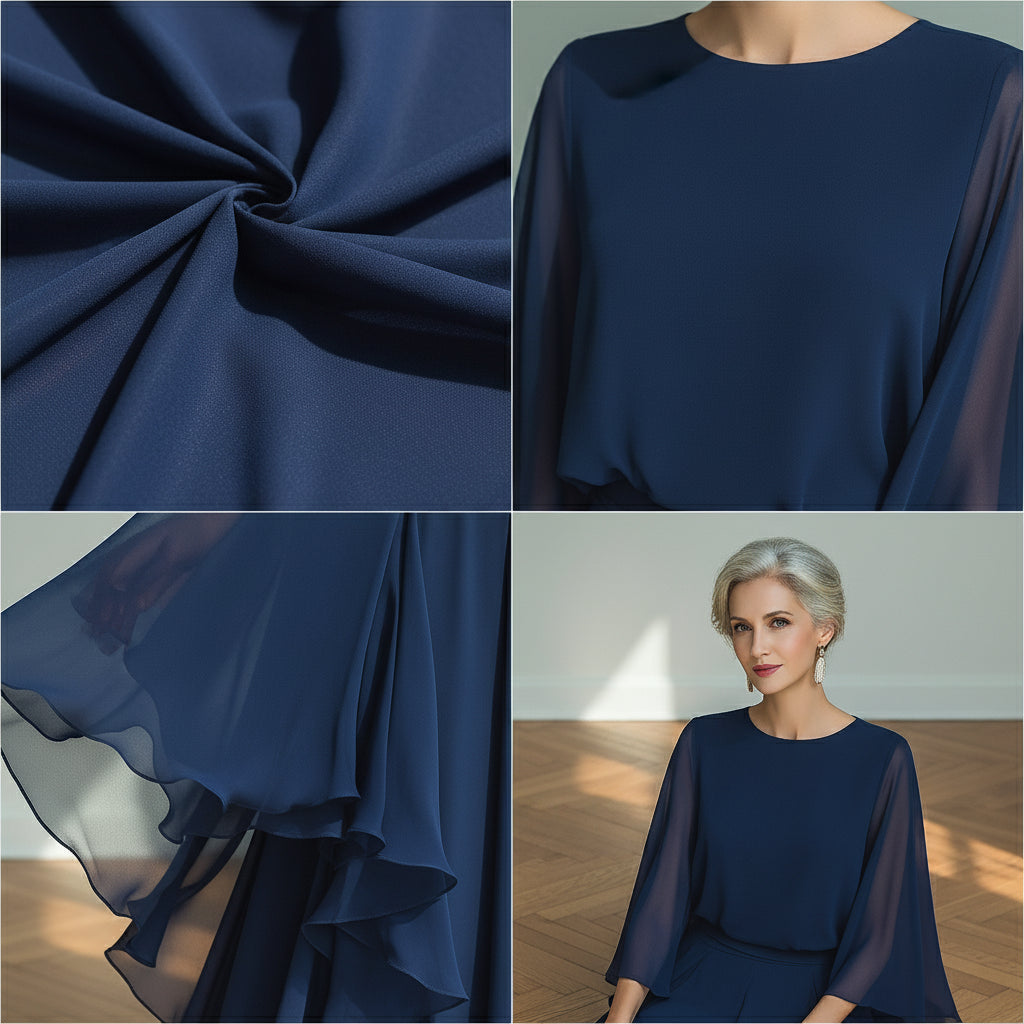 Elegant Chiffon Tweedelig Set met Ruches - Marineblauw — details