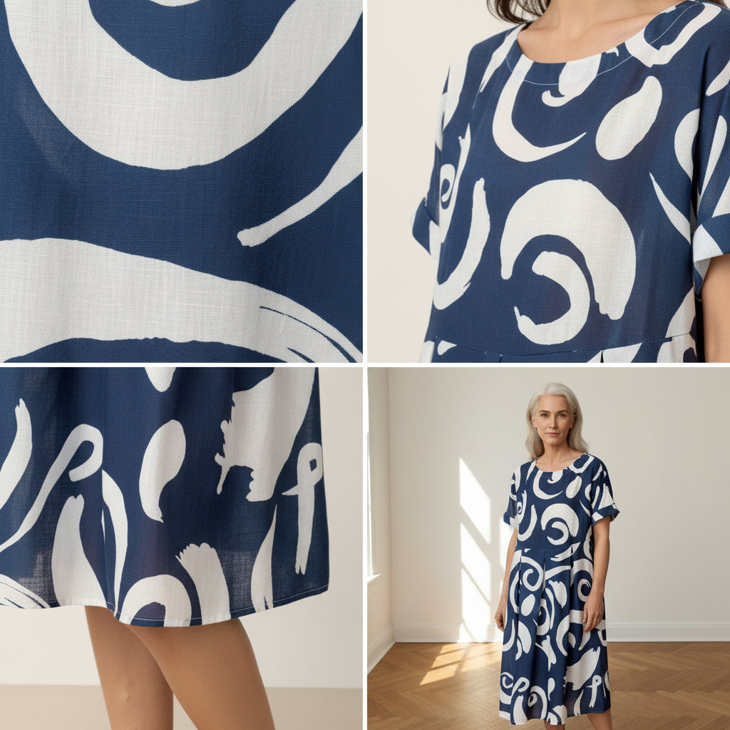 Linnen Midi Jurk met Abstract Print en Geplooide Taille — details