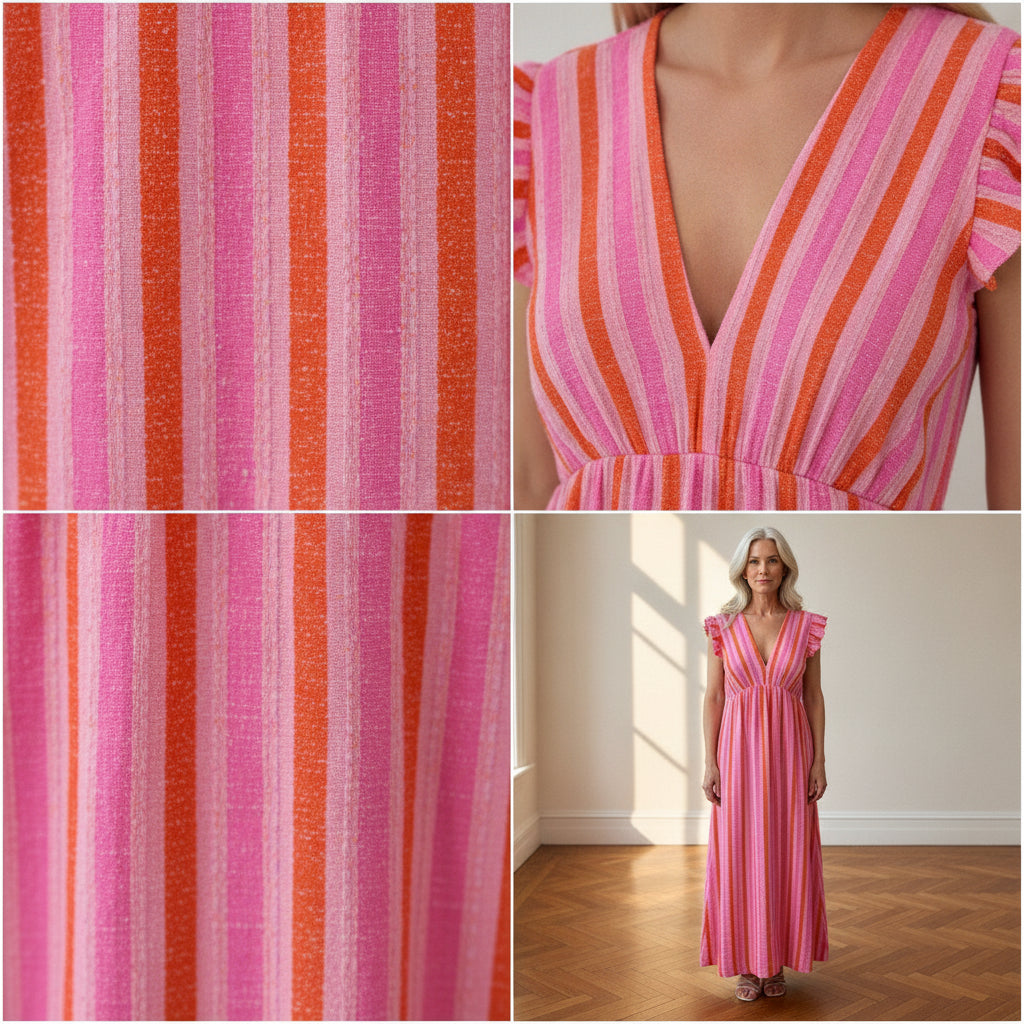 Pianosa Stripes Maxi Jurk met Musselin - Roze/Oranje — details