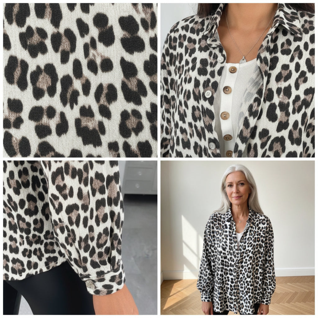 Korte Oversize Mousseline Blouse Leopard Print Crème-Beige — details