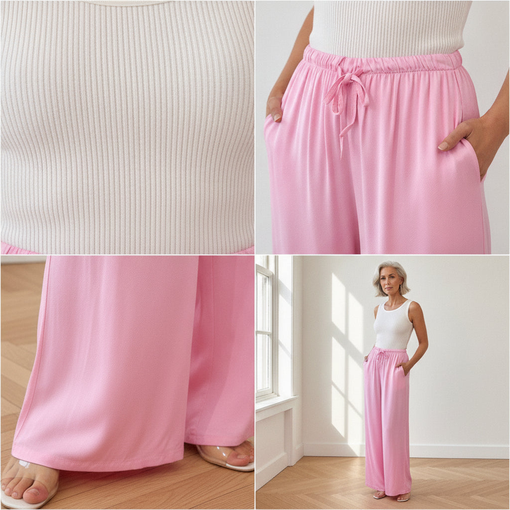 Luxe Viscose Broek met Satijnen Glans - Zacht Roze — details