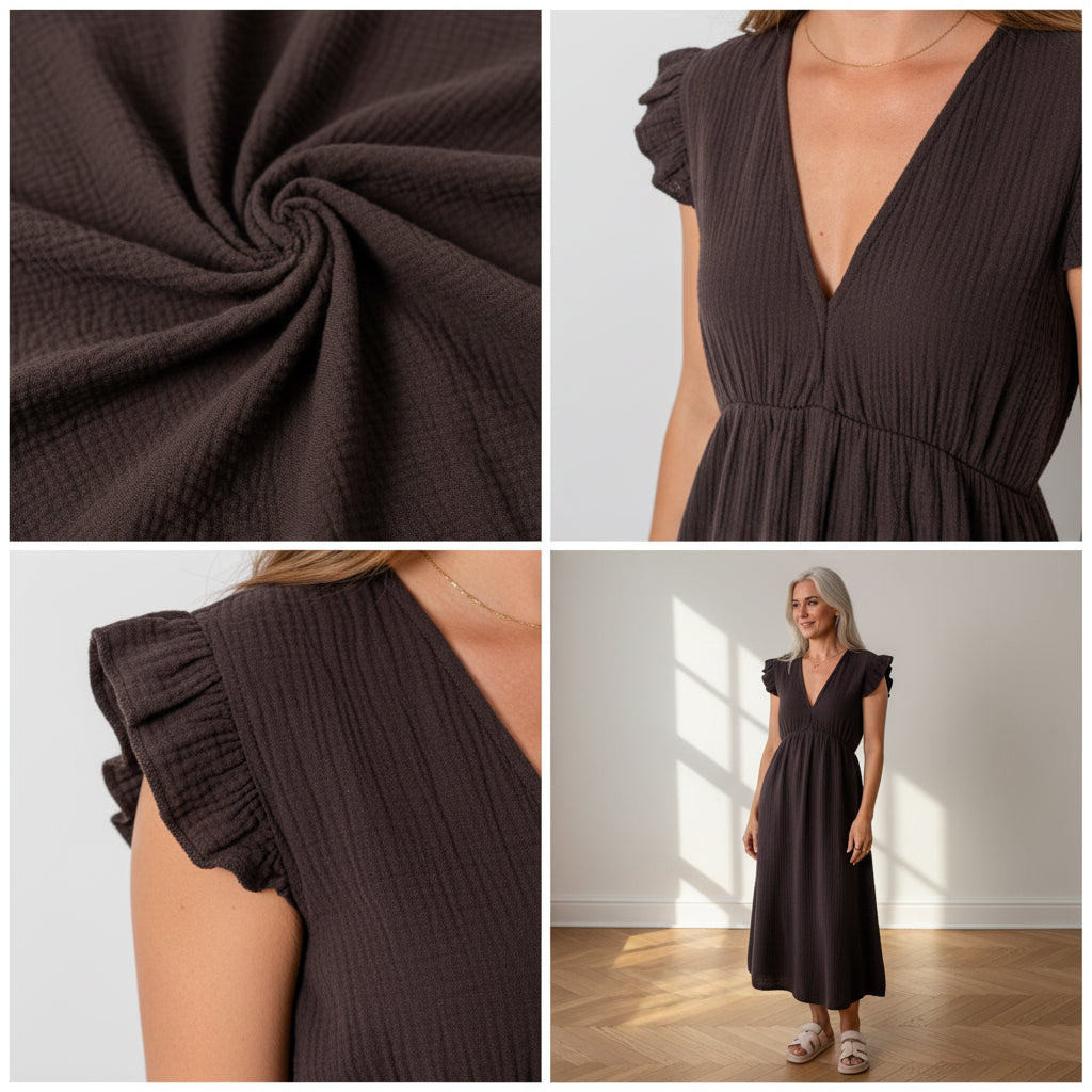 Leonora Mousseline Jurk - Espresso — details