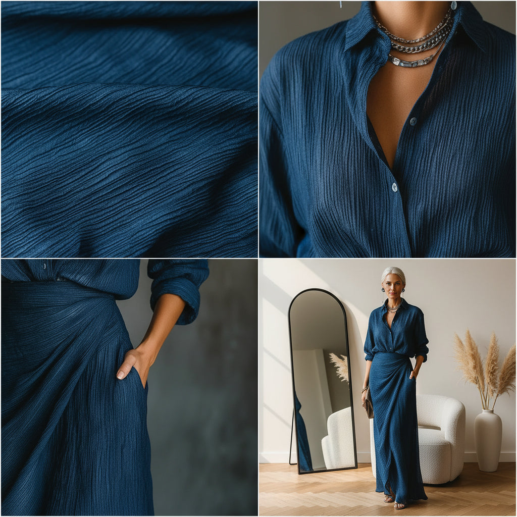 Elegante Donkerblauwe Blouse & Lange Rok Set — details