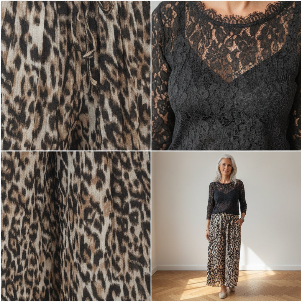 Geplisseerde Broek met Abstract Luipaardprint - Beige Cappuccino Zwart — details