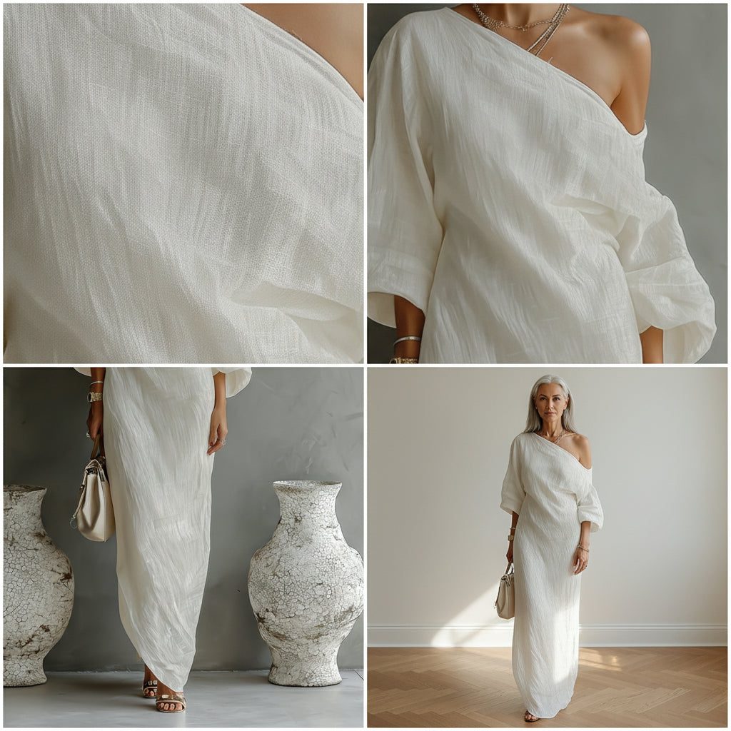 Ivoor Linnen Maxi Jurk Off-Shoulder — details