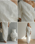 Ivoor Linnen Maxi Jurk Off-Shoulder — details
