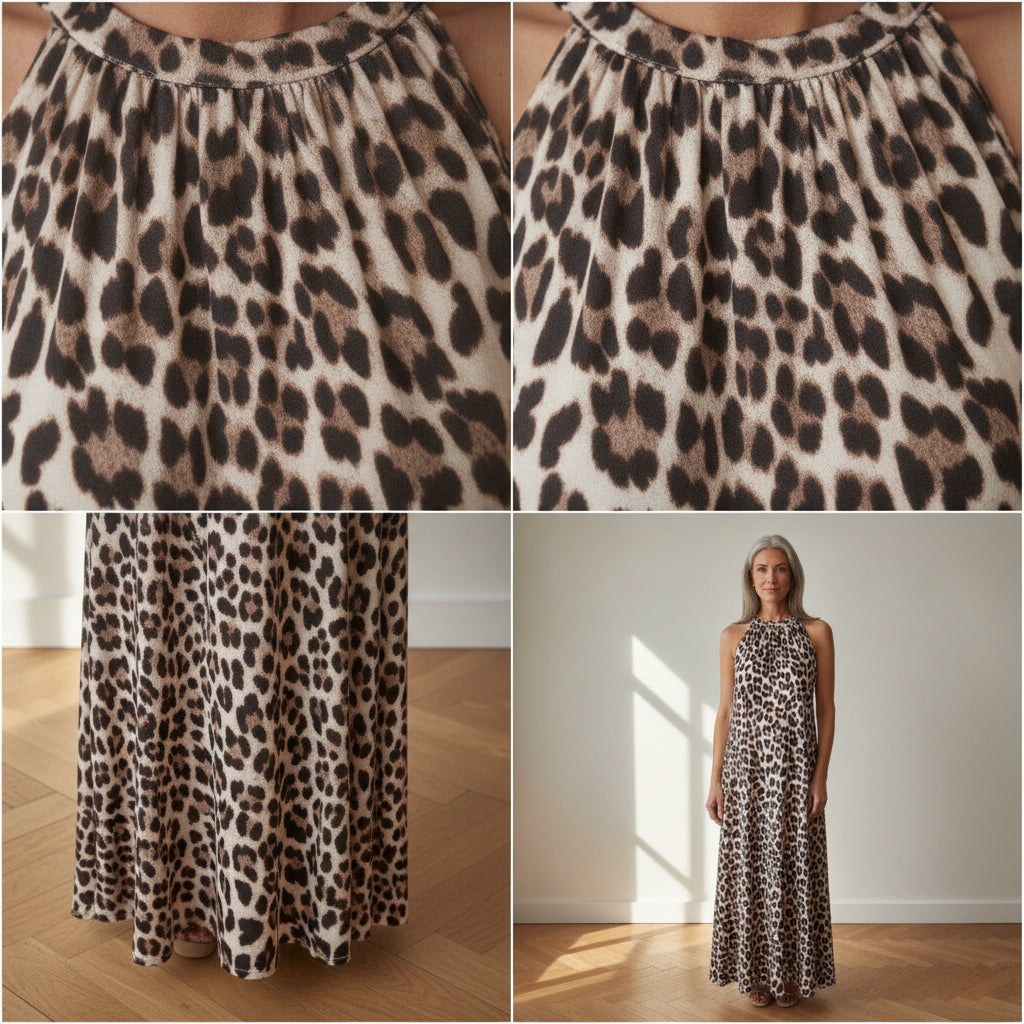 Lang Vloeiend Leopard Jurk - Beige Zwart Bruin — details