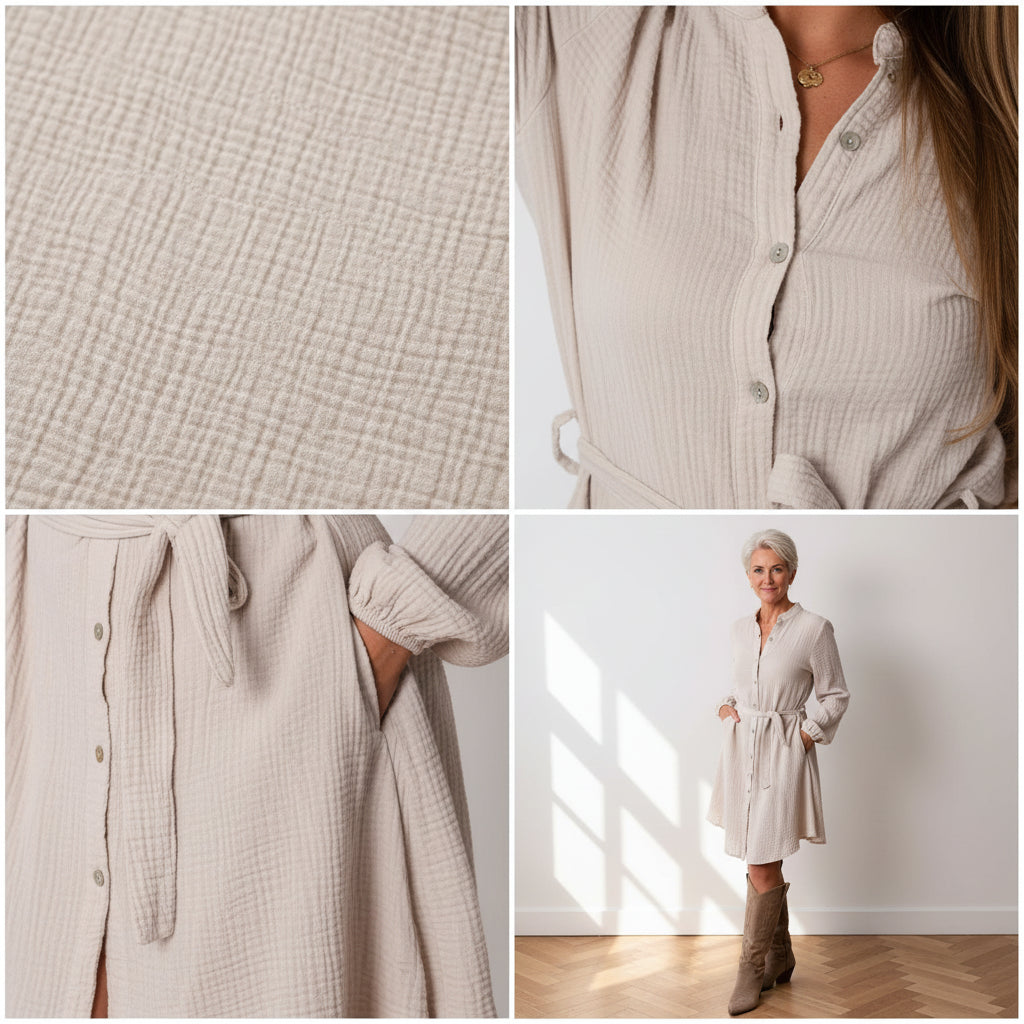 Filipa Mousseline Jurk - Grijs Beige — details