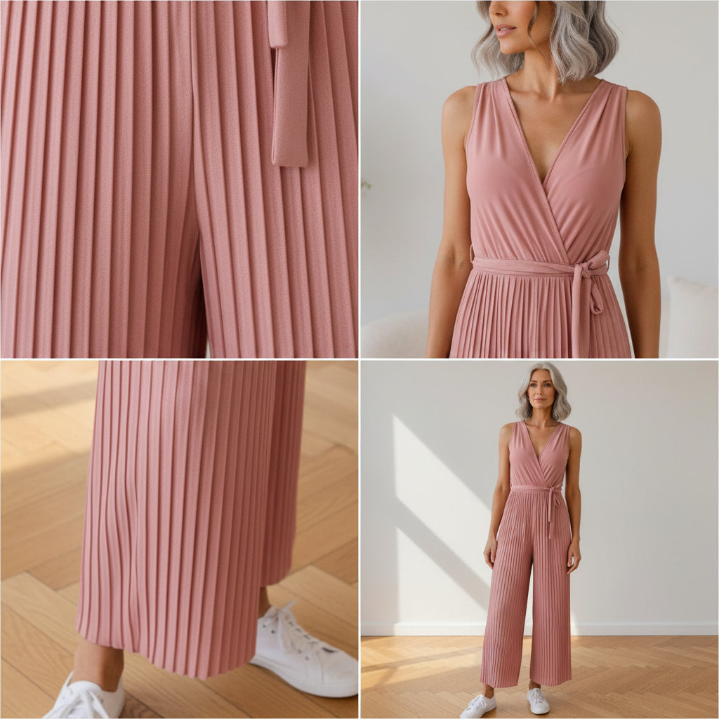 Elegante Geplisseerde Jumpsuit met Vrouwelijke Halslijn - Zalm — details