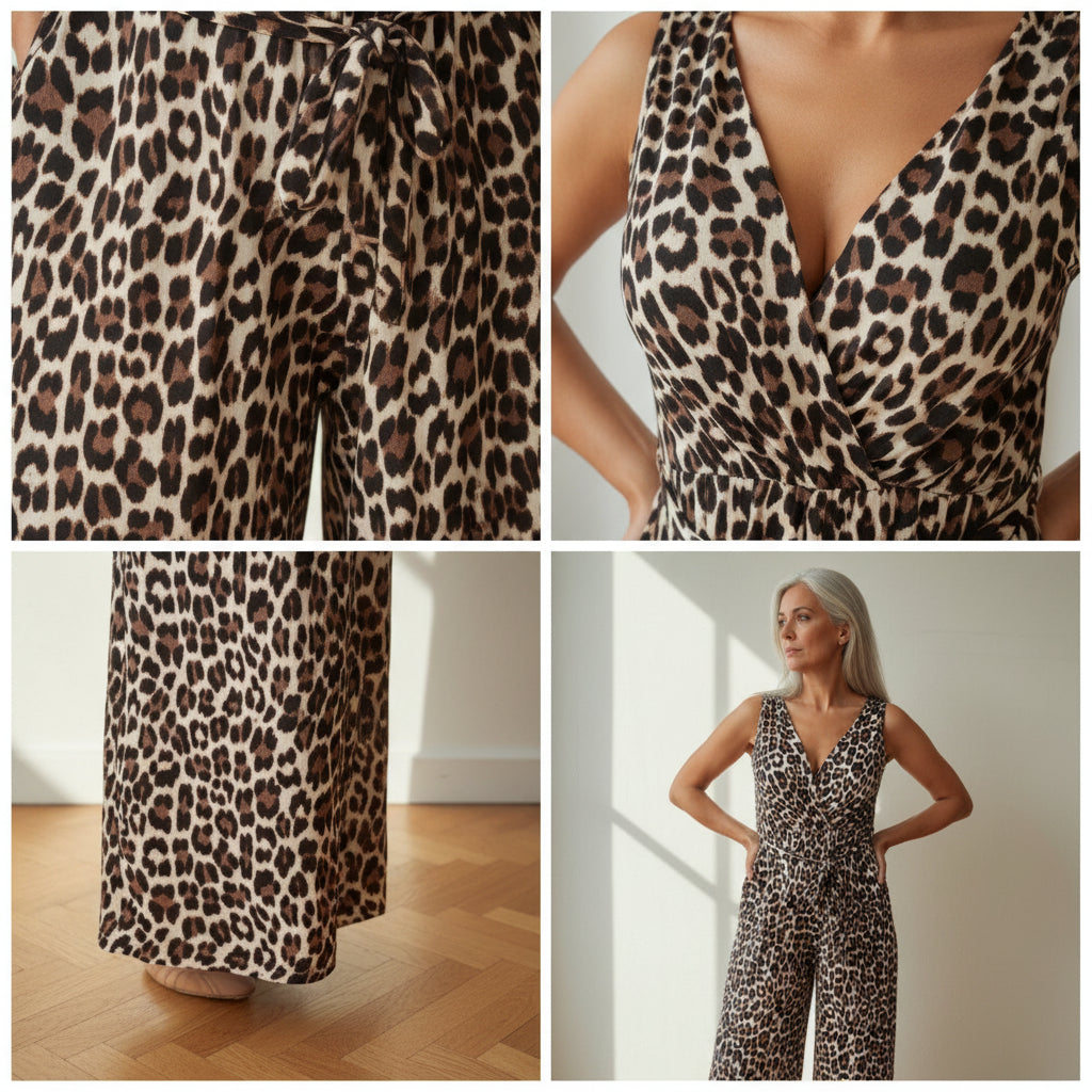 Elegante Plissé Jumpsuit met Luipaardprint - Crème, Bruin, Zwart — details