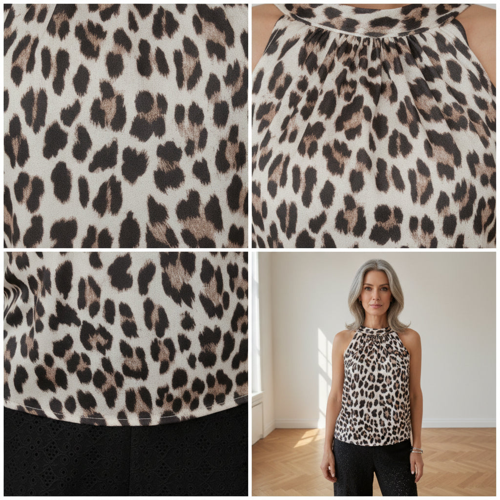 Mouwloos Top met Strikdetail - Luipaardprint - Crème/Zwart/Bruin — details