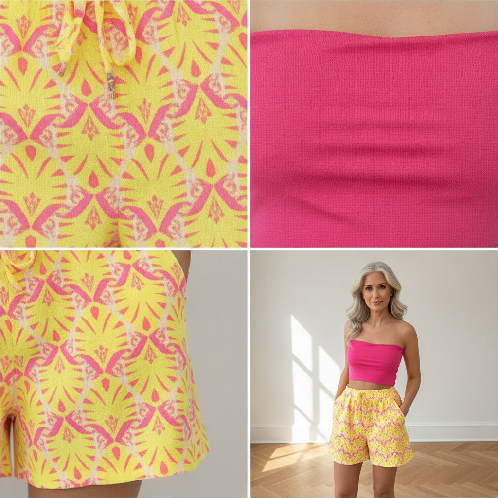 Tropical Short van Zachte Mousseline - Geel met Roze Print — details