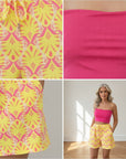 Tropical Short van Zachte Mousseline - Geel met Roze Print — details