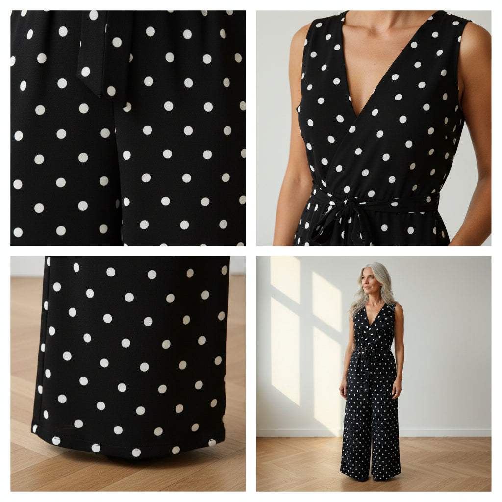 Geplisseerde Lange Jumpsuit met Elegante Halslijn - Zwart-Wit Stippenprint — details