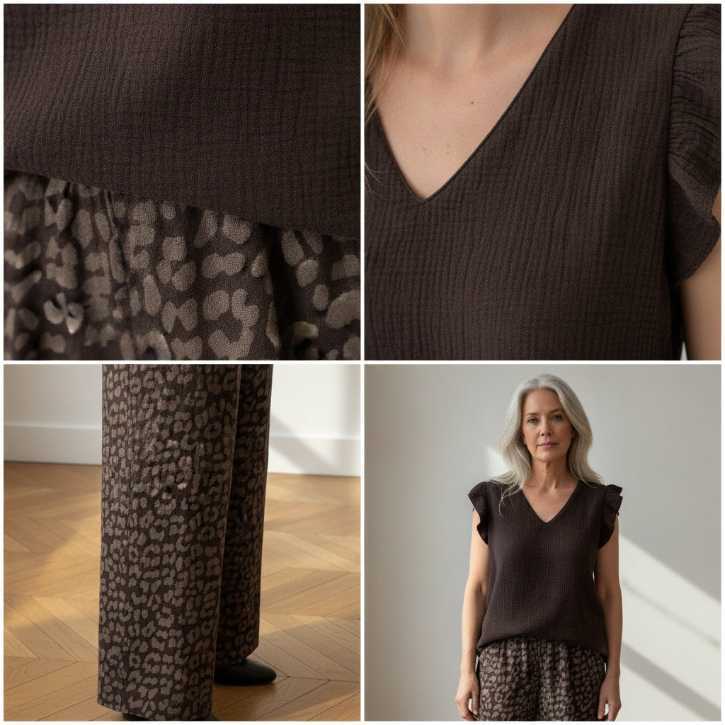 Katoenen Mousseline Top met V-Hals - Chocoladebruin — details