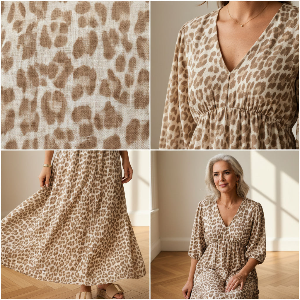 Luchtige Mousseline Jurk met Luipaardprint - Beige — details