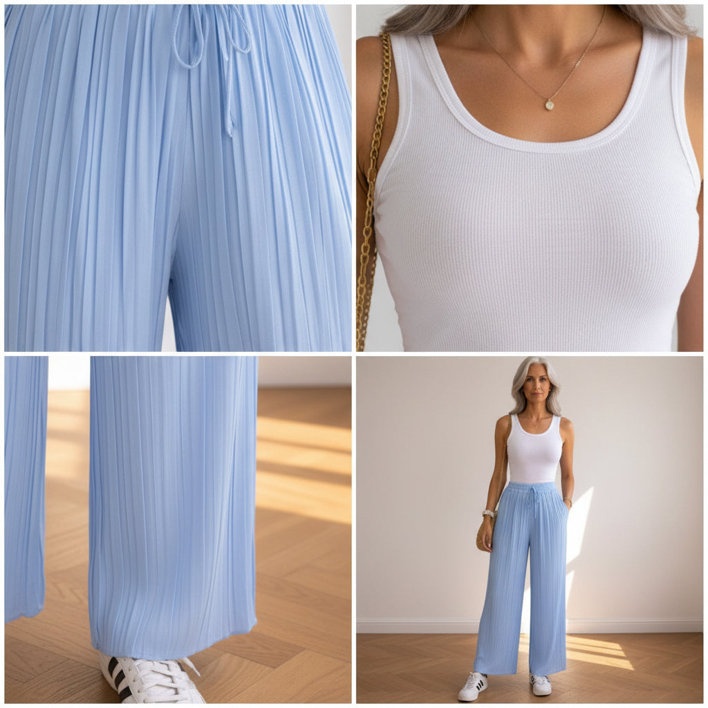 Geplisseerde Broek met Viscose Binnenbroek - Lichtblauw — details