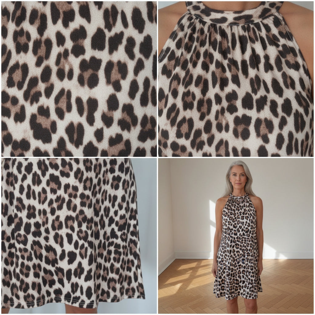 Kort Vloeiend Leopard Jurkje - Beige Zwart Bruin — details