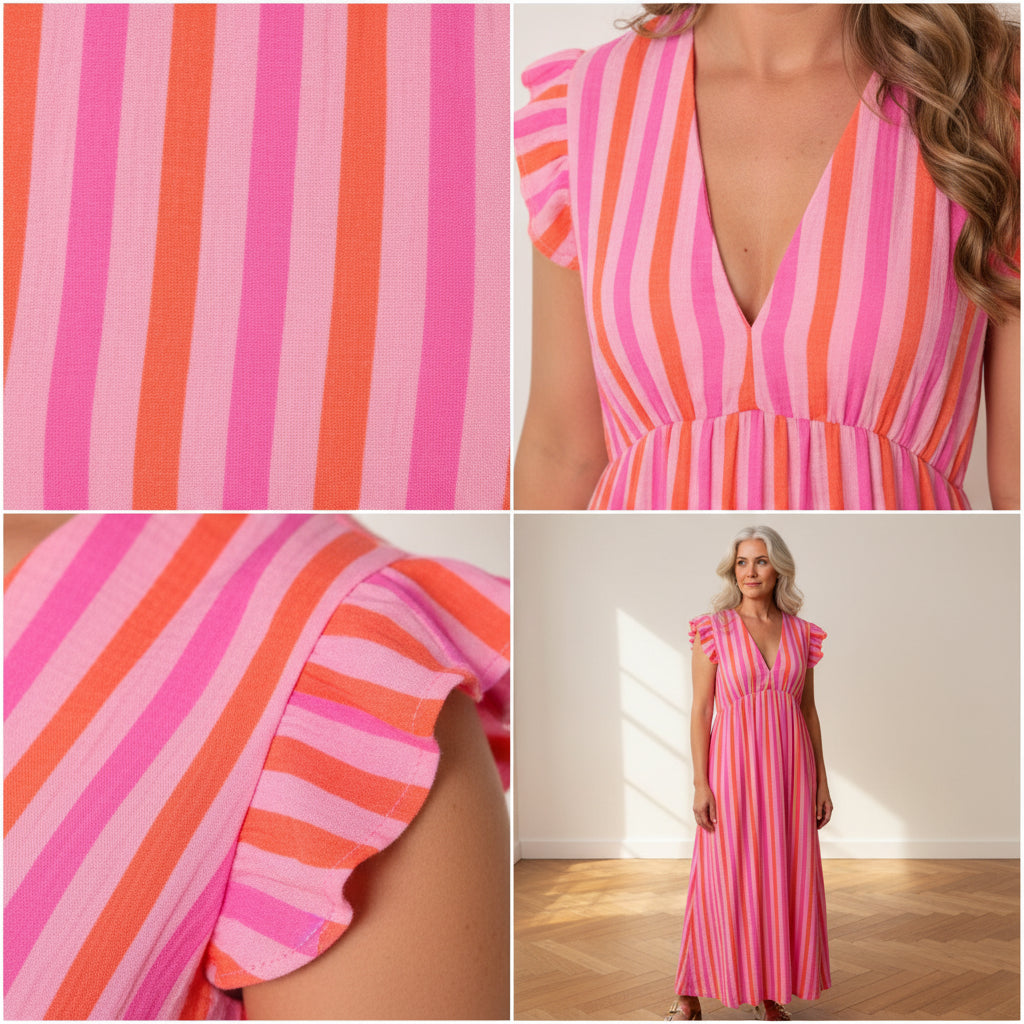 Leonora Mousseline Jurk - Strepen/Roze/Oranje — details