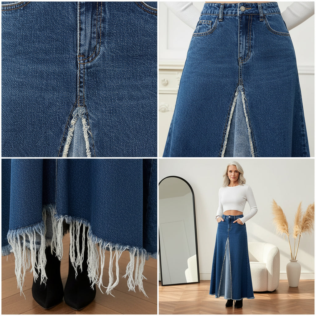 Denim Patchwork Maxi Rok met Wijd Uitlopende Pasvorm — details