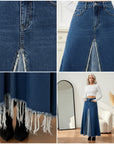 Denim Patchwork Maxi Rok met Wijd Uitlopende Pasvorm — details