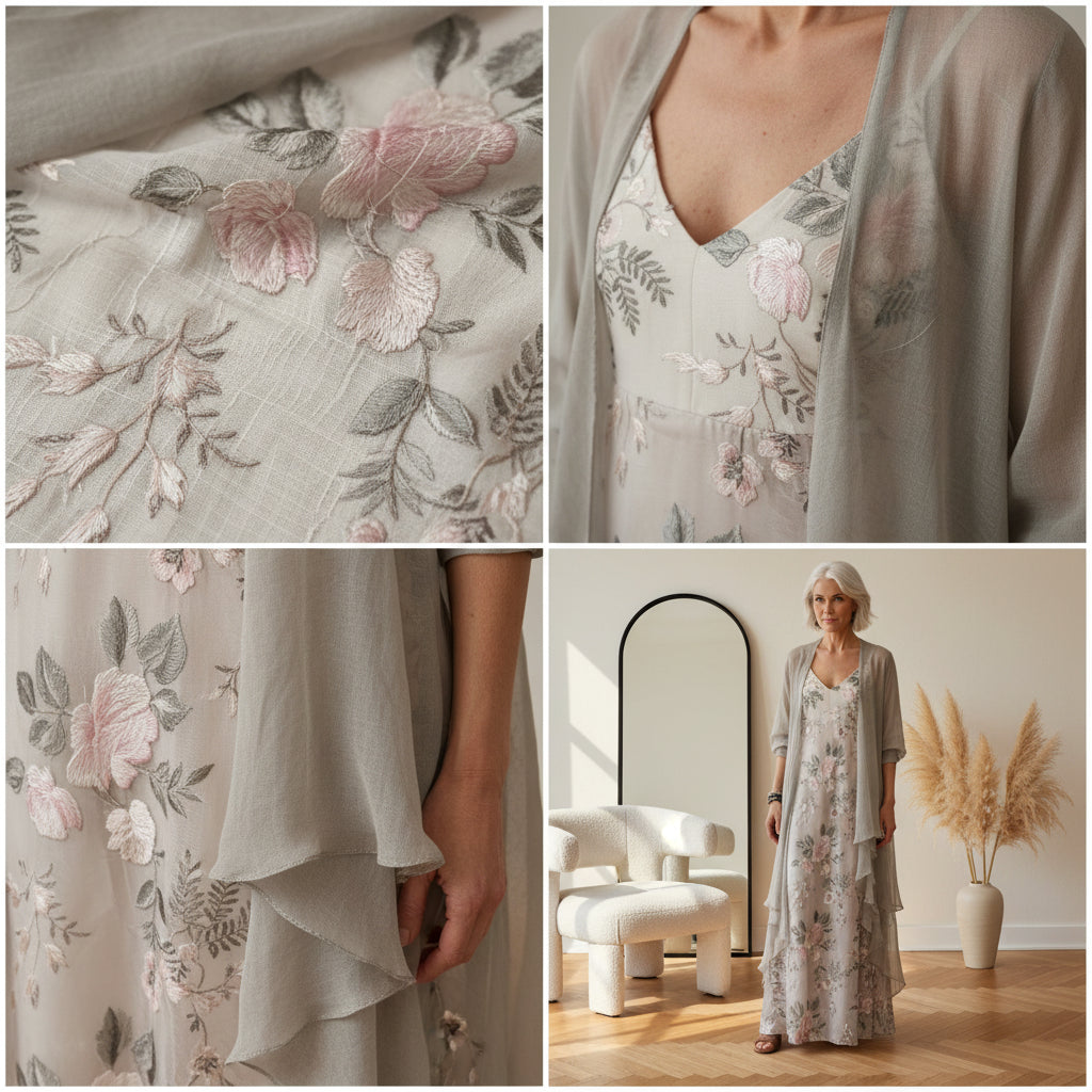 Willow | Dames Bloemen Maxi Jurk met Longline Vest Set — details