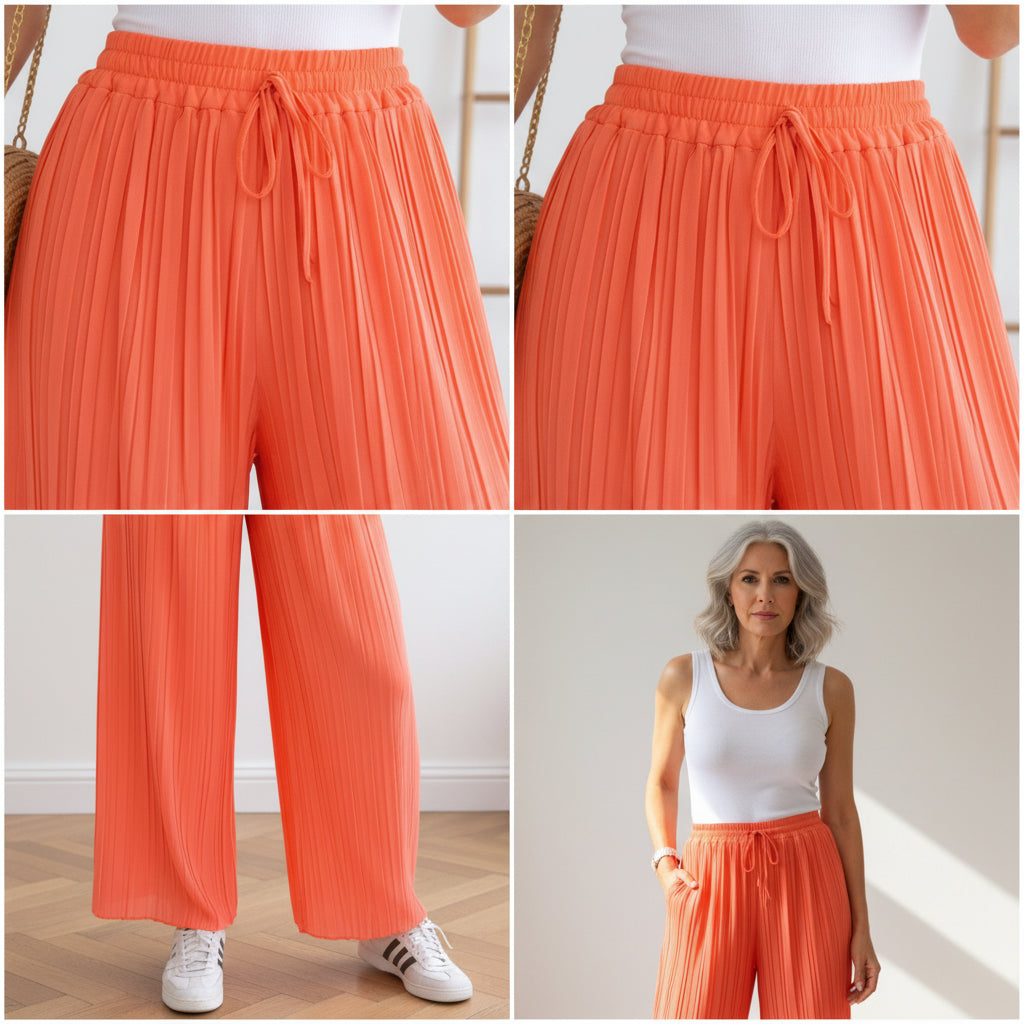 Luchtige Plissé Broek - Neon Koraal - Zomerse Reisbroek — details