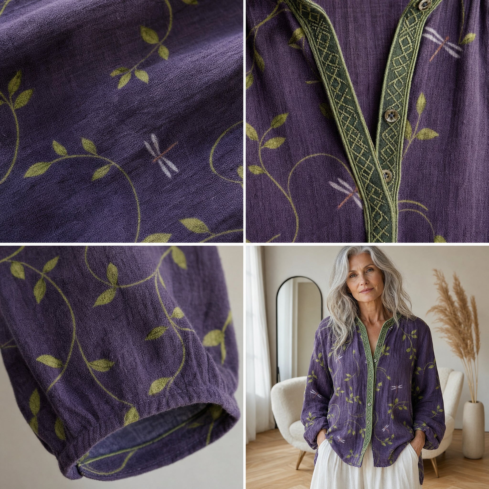 Vintage Blad Blouse - Tijdloze Elegantie met Klassiek Bladmotief — details