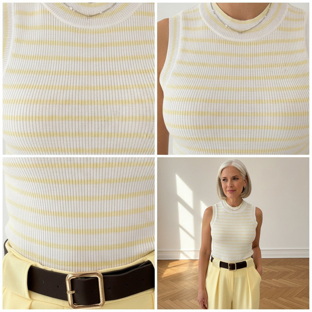 Cara Stripes Elegant Gebreid Top van Viscose - Wit/Geel — details
