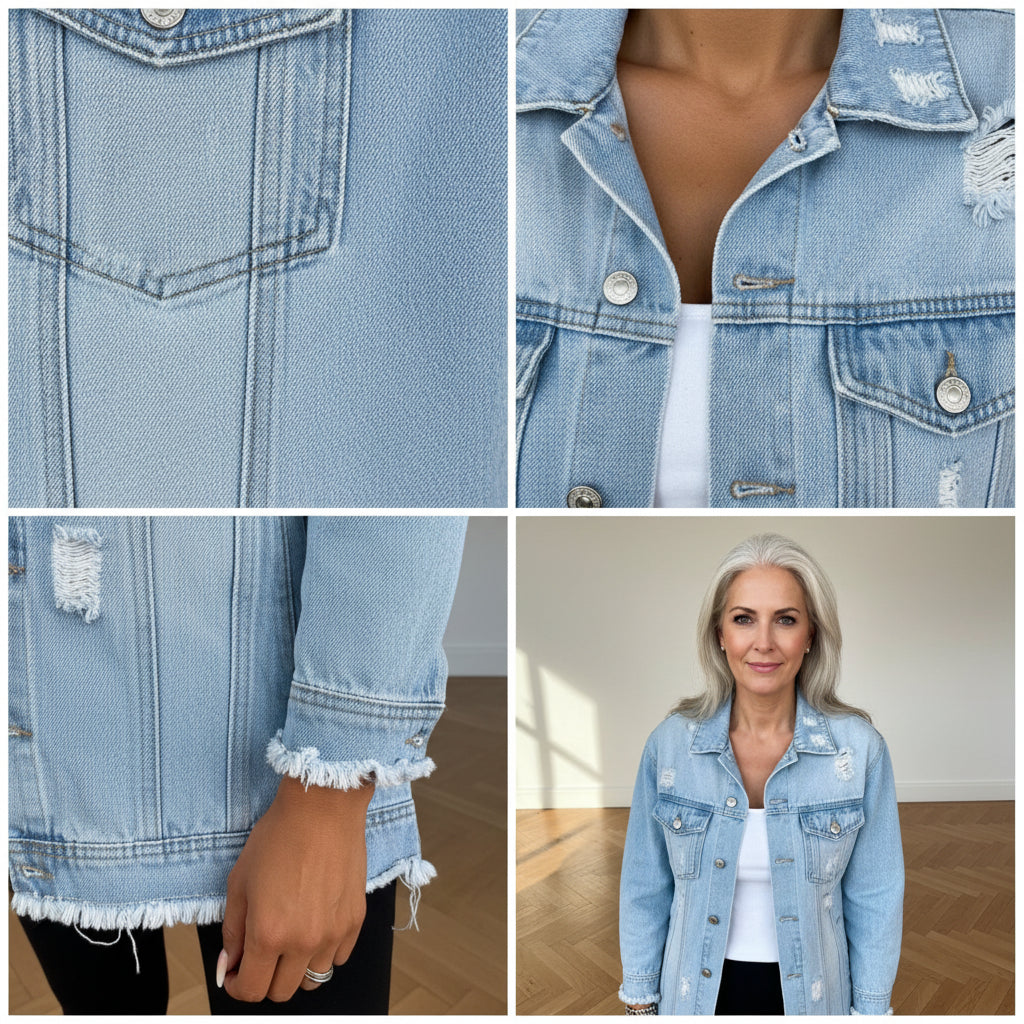 Lange Jeansjacke met Used Details - Lichtblauw — details