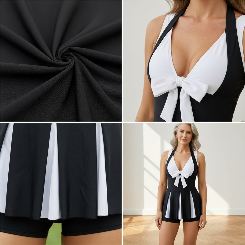 Dames Badpak Plus Size – Elegant &amp; Figuurvormend, Zwart-Wit, Met Strik Voor Strand &amp; Zwembad — details