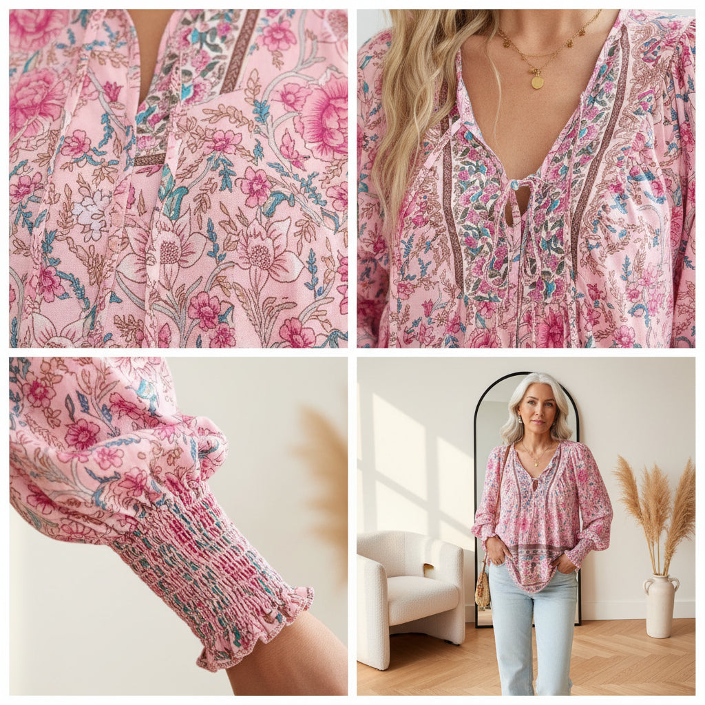 Sienna | Dames Bloemrijke Boho Blouse V-Hals Pofmouw Top — details