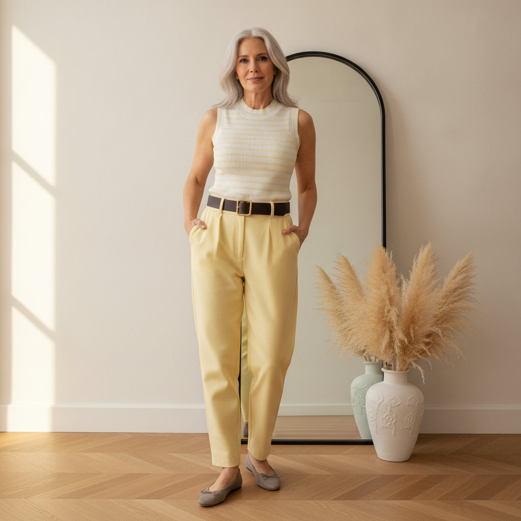 Cara Stripes Elegant Gebreid Top van Viscose - Wit/Geel — front view