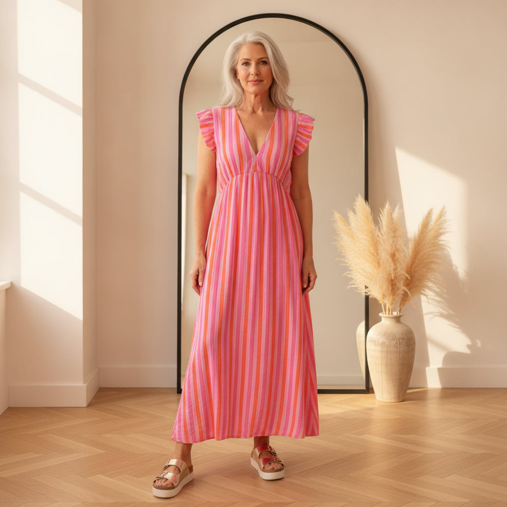 Leonora Mousseline Jurk - Strepen/Roze/Oranje — front view